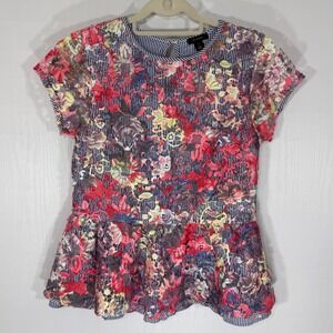 Halogen Floral Lace Top Size XS Blue Striped Peplum Short Sleeve‎ Blouse